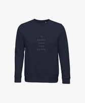 Vue de face du sweatshirt bleu marine Salut Fred avec slogan imprimé « Tu baises dans mon estime. » centré verticalement sur la poitrine