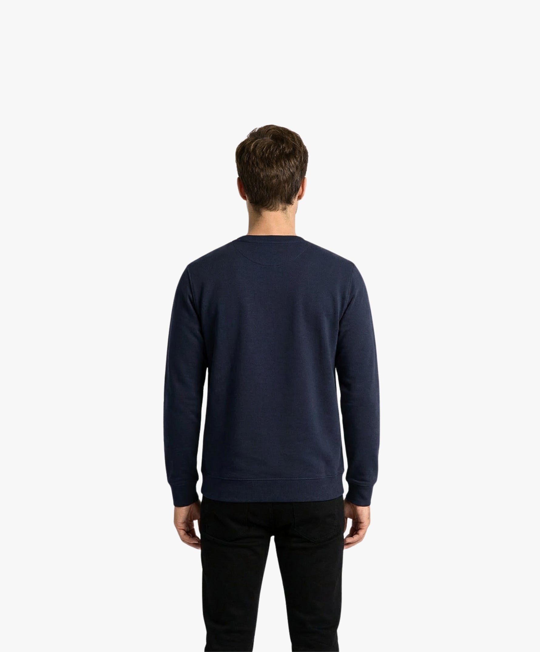 Vue de dos d’un homme portant un sweatshirt bleu marine Salut Fred