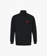 Vue de face du sweatshirt à col zippé 1/4 noir SF Monogramme Salut Fred avec monogramme SF imprimé sur la poitrine