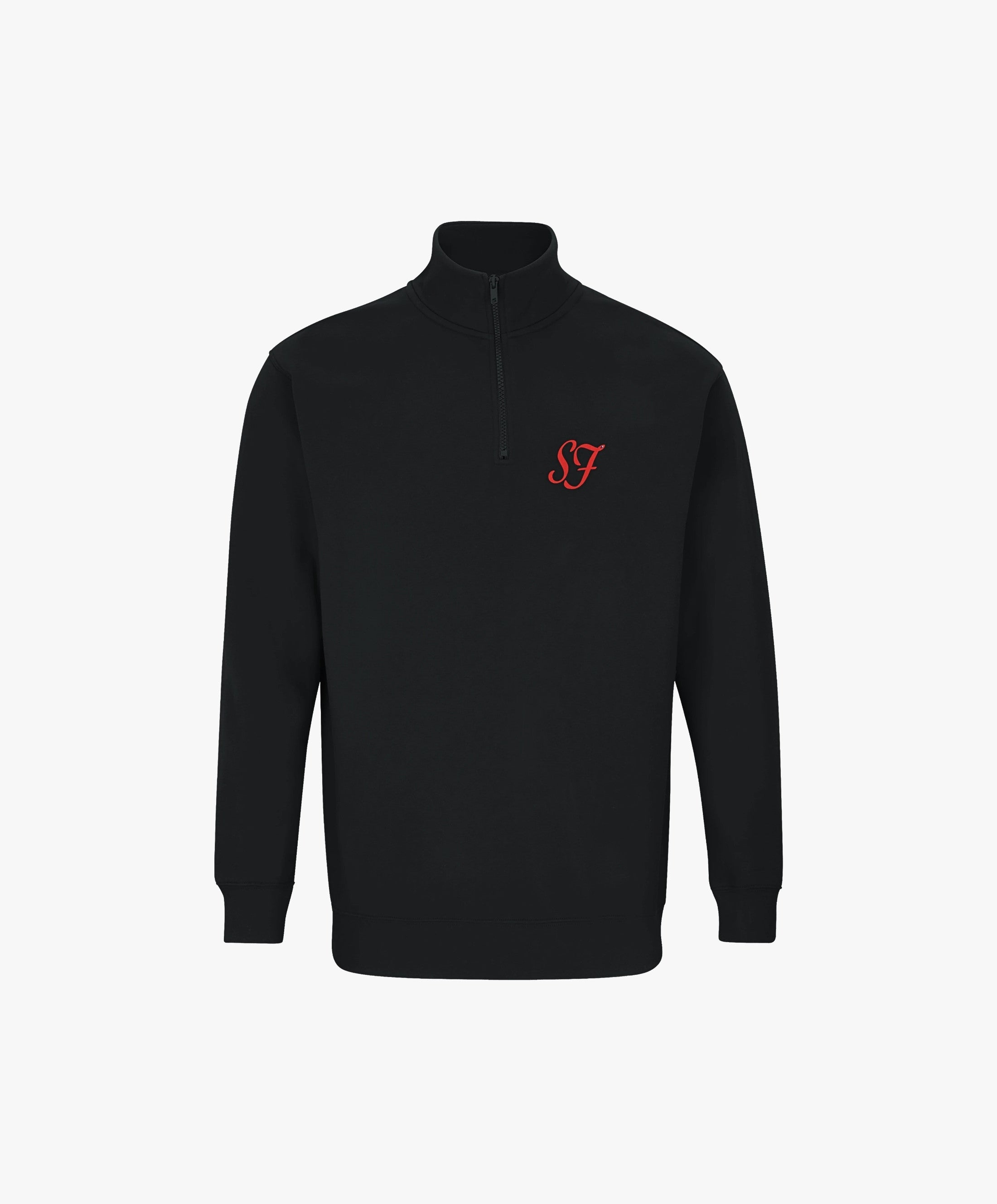 Vue de face du sweatshirt à col zippé 1/4 noir SF Monogramme Salut Fred avec monogramme SF imprimé sur la poitrine