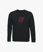 Vue de face du sweatshirt noir SF Monogramme Salut Fred avec monogramme SF imprimé au centre de la poitrine