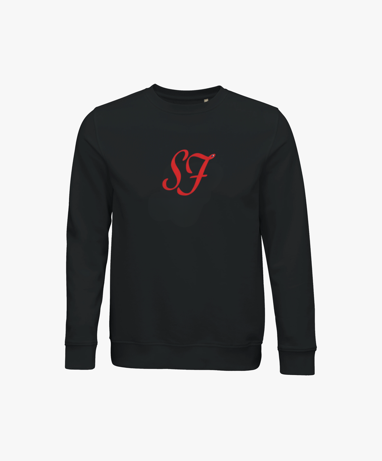 Vue de face du sweatshirt noir SF Monogramme Salut Fred avec monogramme SF imprimé au centre de la poitrine