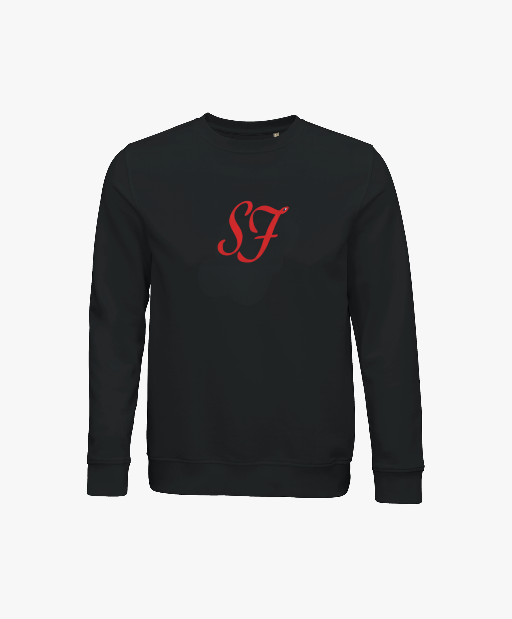 Vue de face du sweatshirt noir SF Monogramme Salut Fred avec monogramme SF imprimé au centre de la poitrine