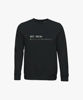 Vue de face du sweatshirt noir Salut Fred avec motif « No pic No Chat(te) », où « pic » et « Chat(te) » sont représentés par des emojis, de la collection NPNC et Pride