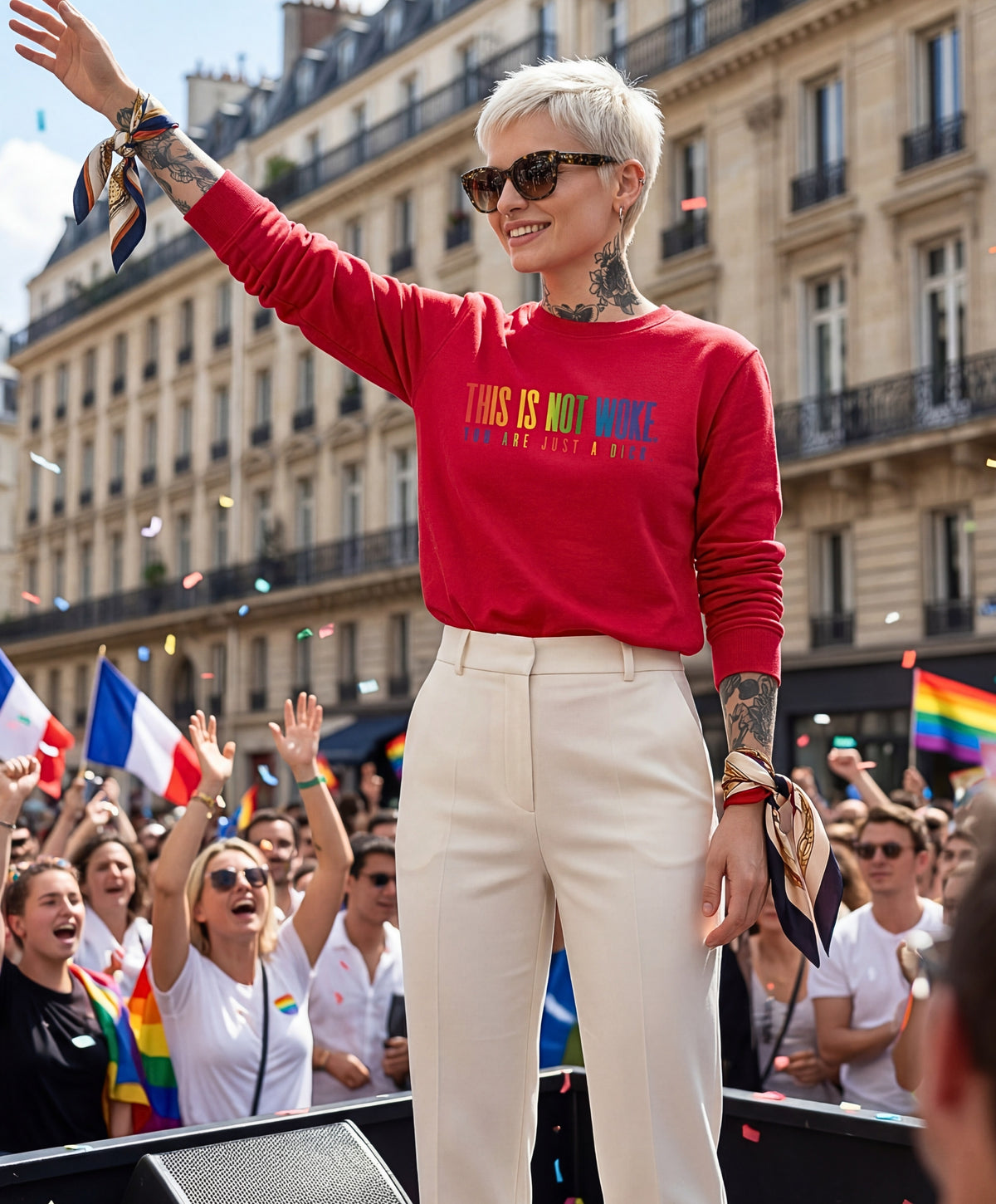 Vue de face d’une femme portant un sweatshirt rouge Salut Fred de la collection « This is not woke. You are just a dick. » avec slogan multicolore imprimé au centre de la poitrine, lors d’une Pride parisienne festive