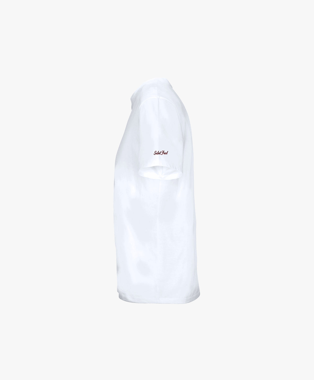 Vue côté gauche du t-shirt classique blanc Salut Fred avec broderie Salut Fred sur la manche gauche
