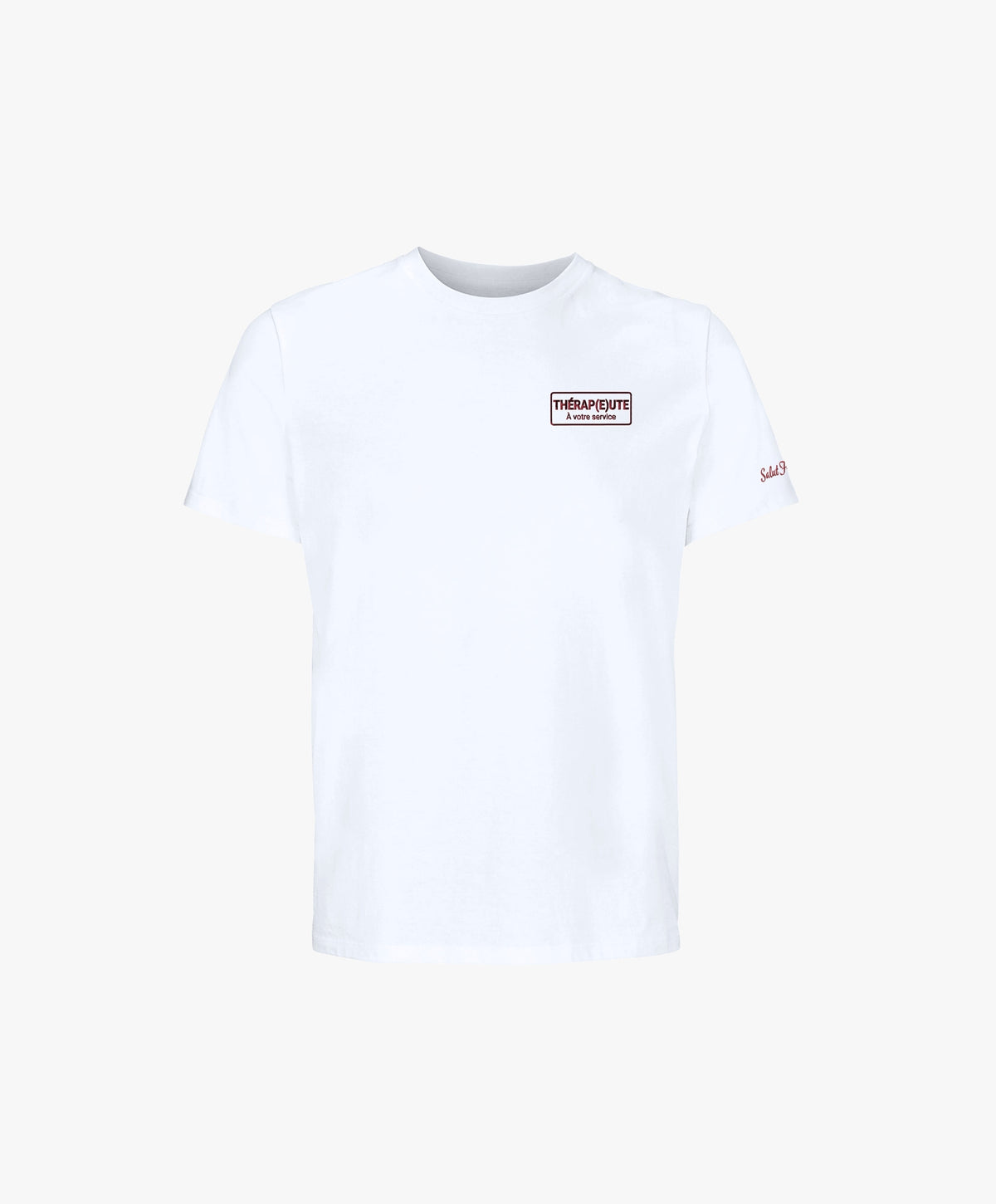 Vue de face du t-shirt classique blanc Salut Fred avec broderie « Thérap(e)ute À votre service » sur la poitrine gauche et broderie Salut Fred sur la manche gauche
