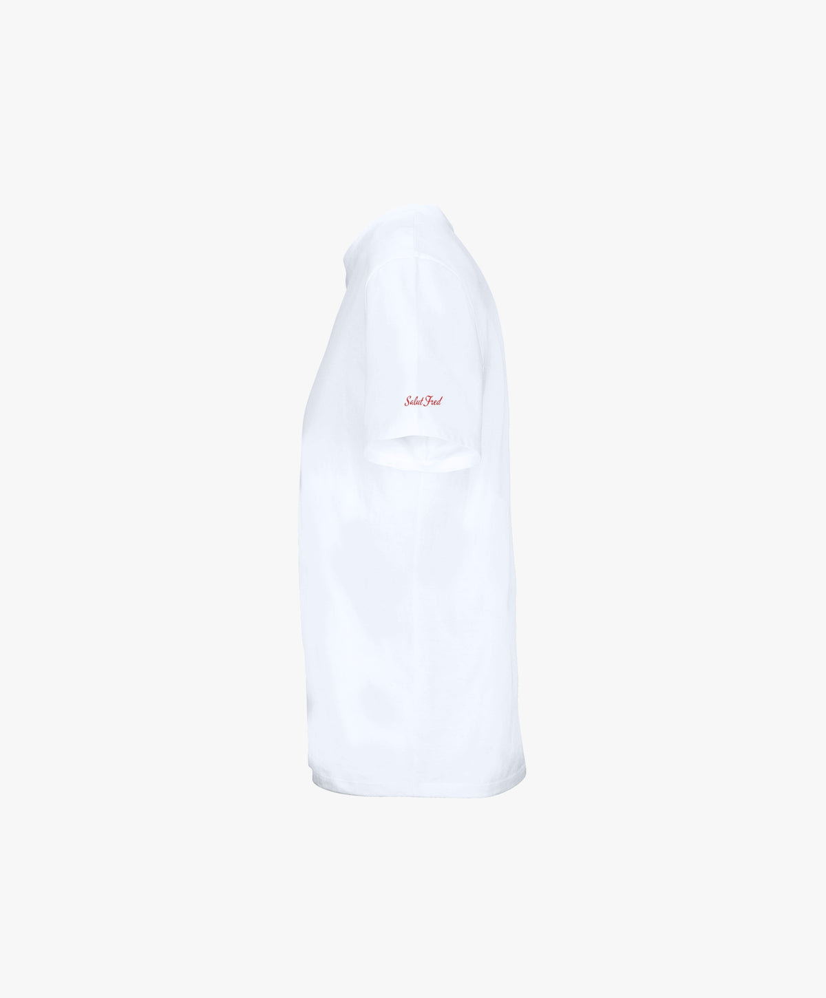 Vue côté gauche du t-shirt classique blanc Salut Fred avec Salut Fred imprimé sur la manche gauche
