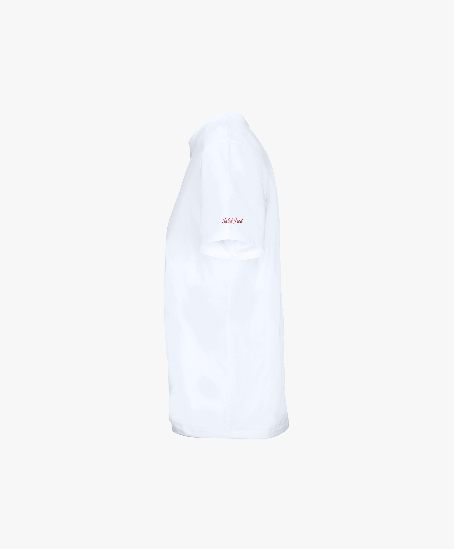Vue côté gauche du t-shirt classique blanc Salut Fred avec Salut Fred imprimé sur la manche gauche