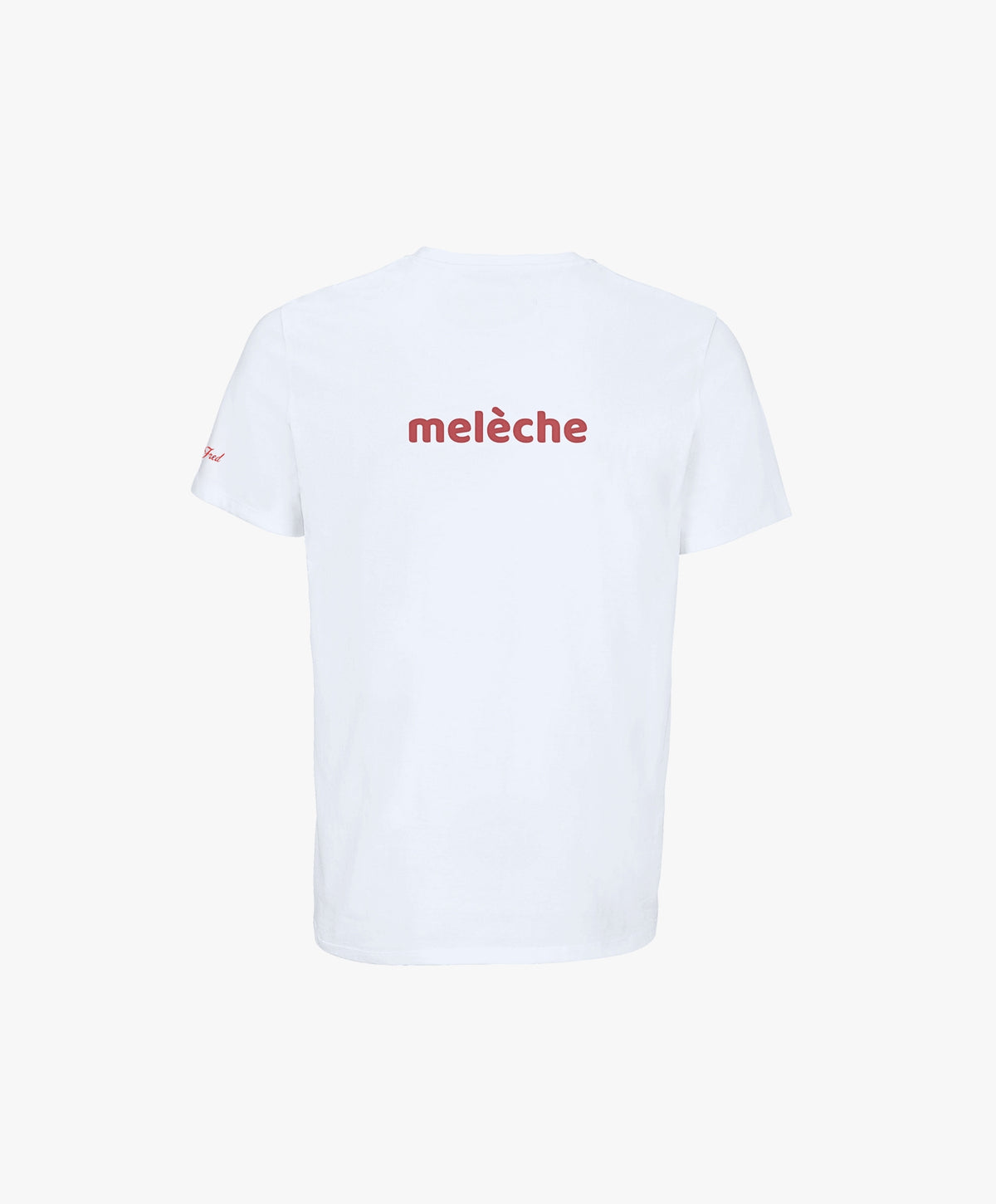 Vue de dos du t-shirt classique blanc Salut Fred avec melèche imprimé au centre du dos