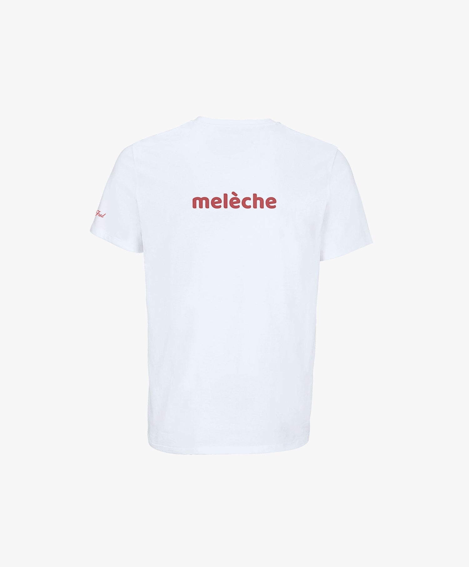 Vue de dos du t-shirt classique blanc Salut Fred avec melèche imprimé au centre du dos
