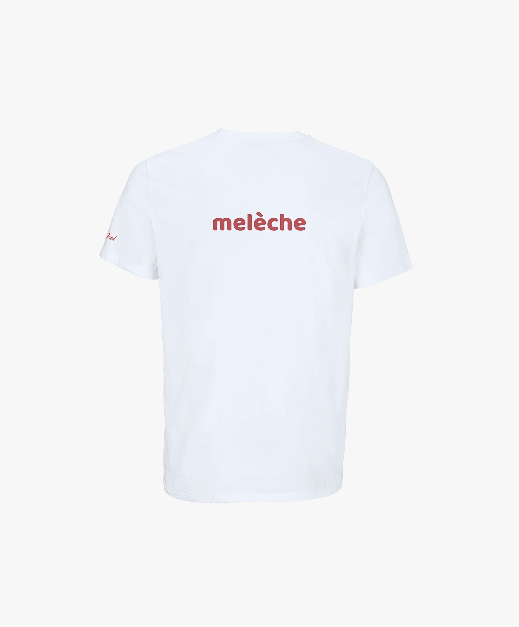 Vue de dos du t-shirt classique blanc Salut Fred avec melèche imprimé au centre du dos