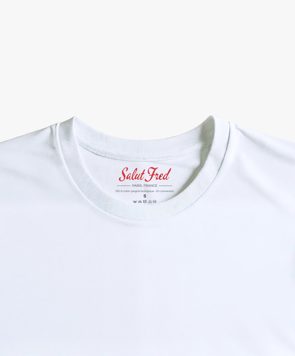 Vue intérieure du col du t-shirt classique blanc Salut Fred