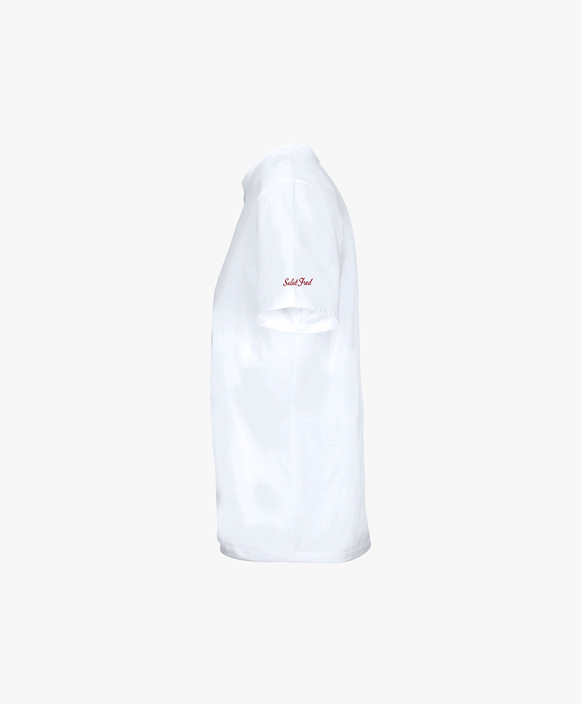 Vue côté gauche du t-shirt classique blanc Salut Fred avec motif Quai Branly de la collection Rues de France, avec Salut Fred imprimé près de l’épaule gauche