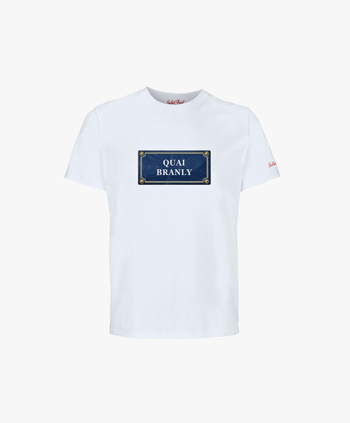 Vue de face du t-shirt classique blanc Salut Fred avec motif Quai Branly de la collection Rues de France
