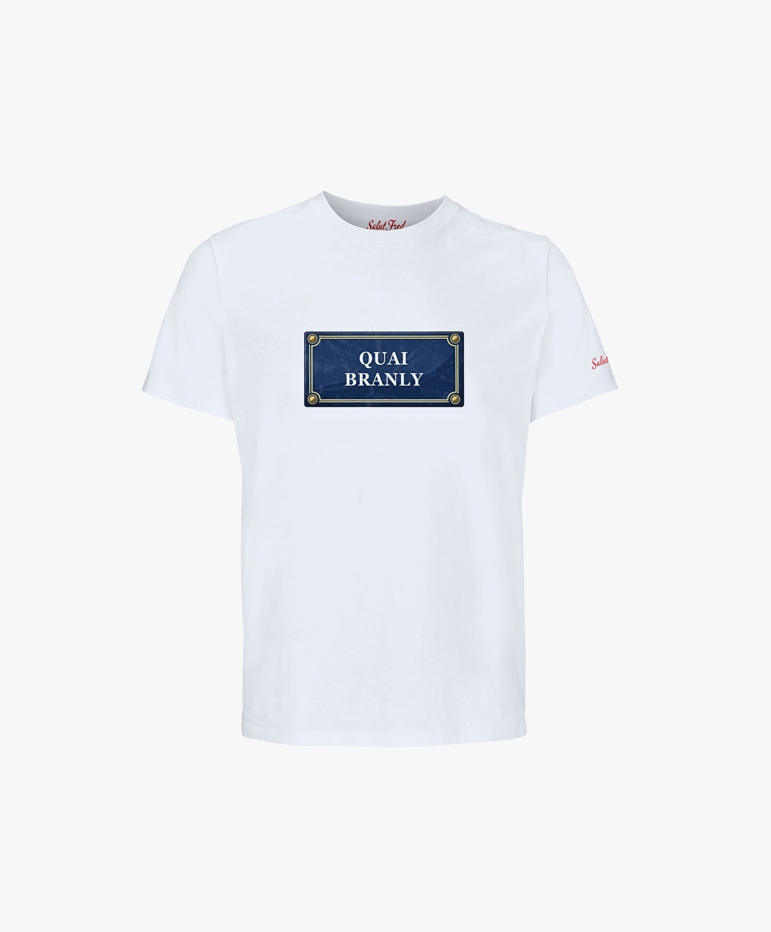 Vue de face du t-shirt classique blanc Salut Fred avec motif Quai Branly de la collection Rues de France