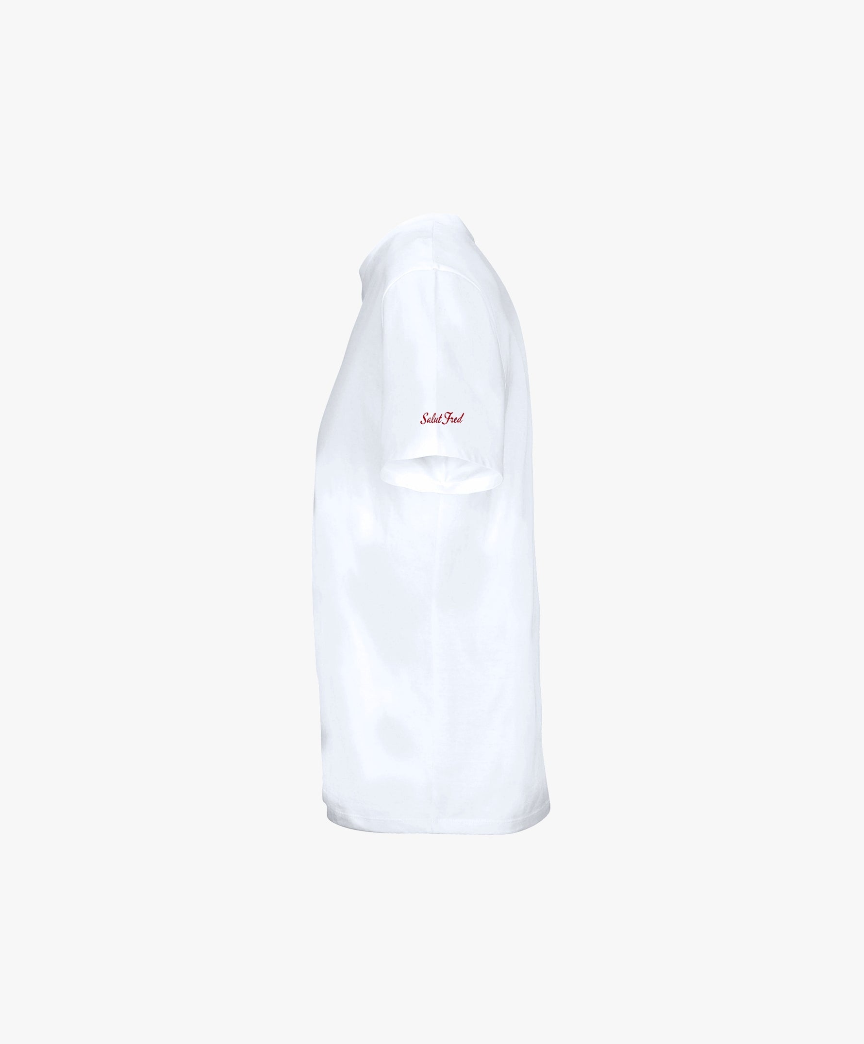 Vue côté gauche du t-shirt classique blanc Salut Fred avec motif Rue de la Paix de la collection Rues de France, avec Salut Fred imprimé près de l’épaule gauche