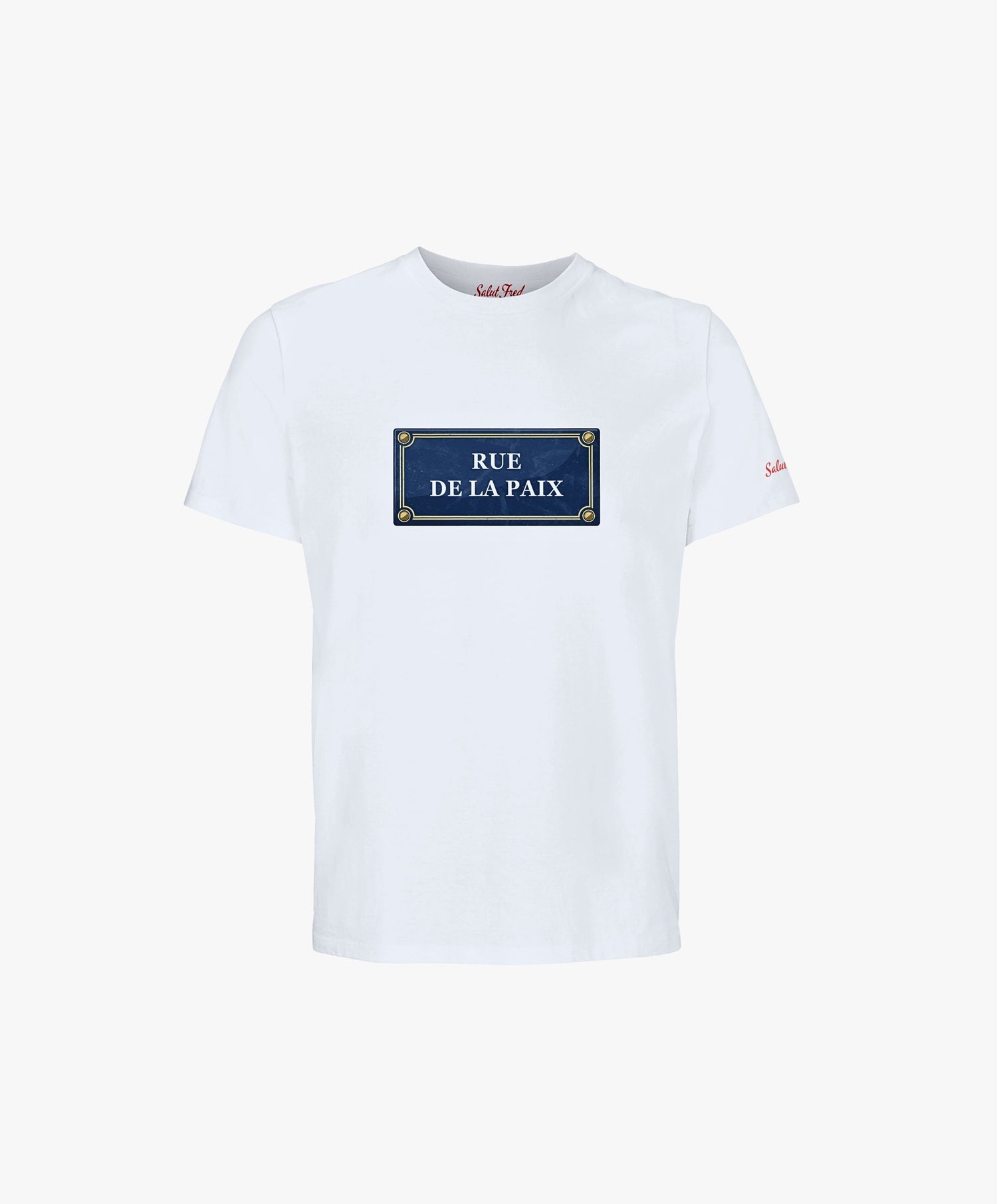 Vue de face du t-shirt classique blanc Salut Fred avec motif Rue de la Paix de la collection Rues de France