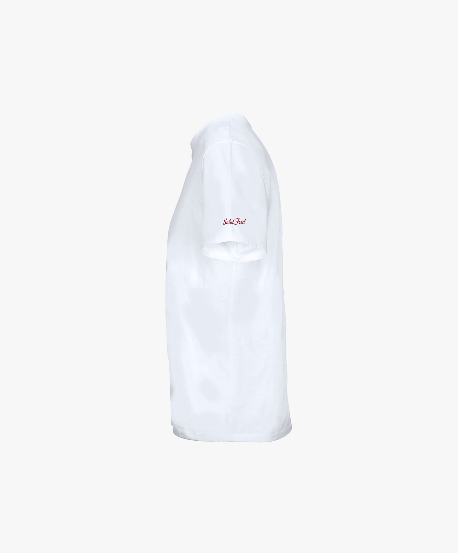 Vue côté gauche du t-shirt classique blanc Salut Fred avec motif Rue Duquesne de la collection Rues de France, avec Salut Fred imprimé près de l’épaule gauche
