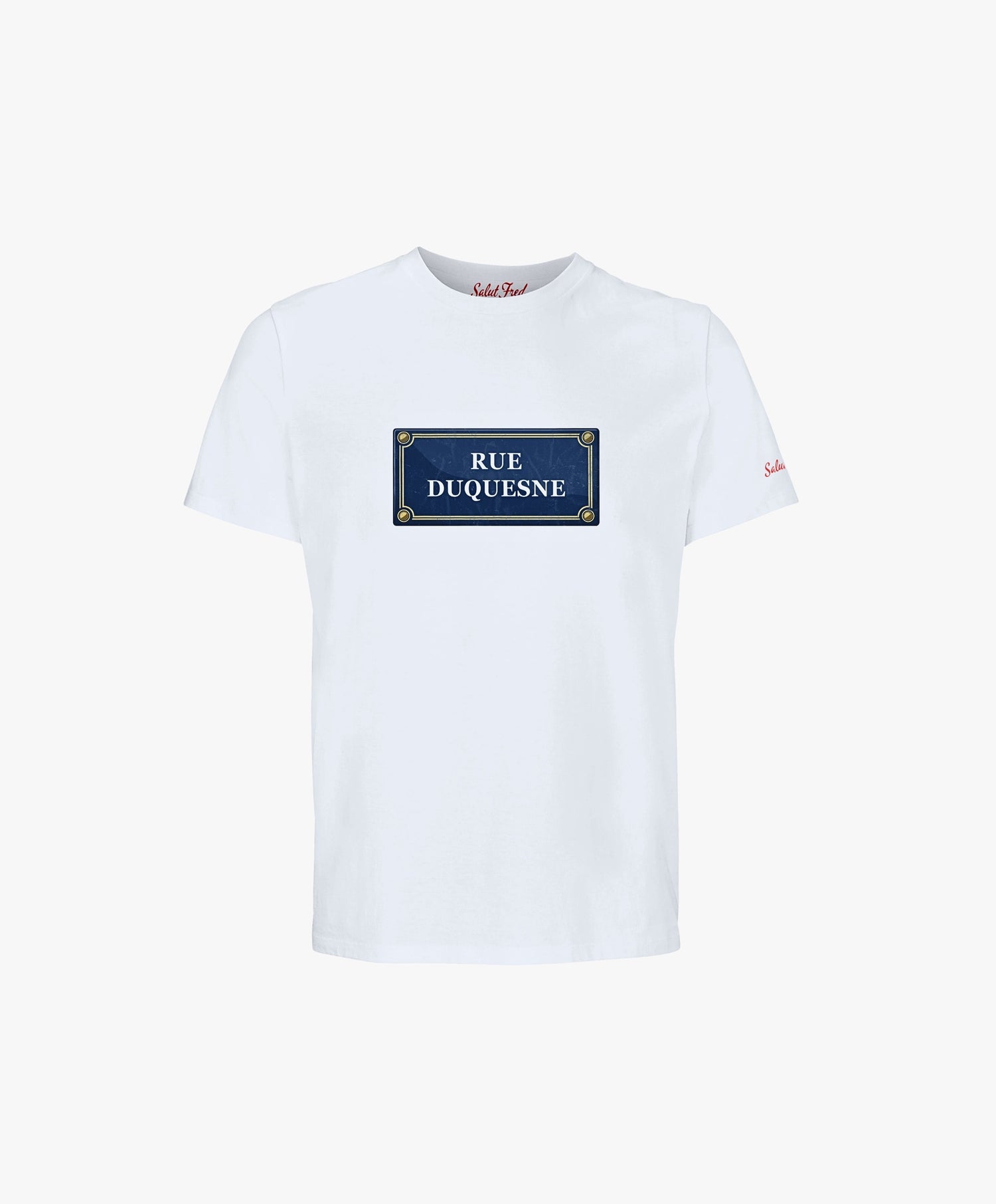 Vue de face du t-shirt classique blanc Salut Fred avec motif Rue Duquesne de la collection Rues de France