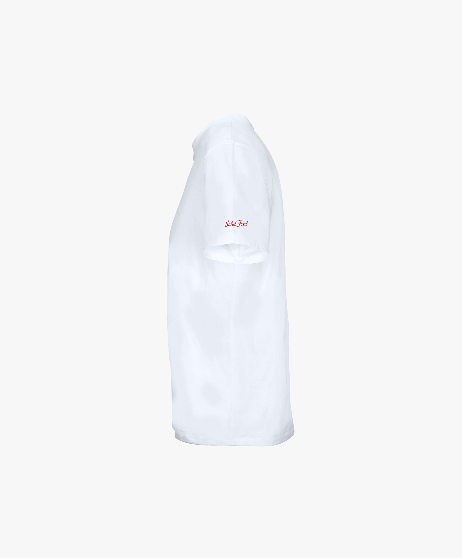 Vue côté gauche du t-shirt classique blanc « Tu baises dans mon estime. » Salut Fred avec Salut Fred imprimé sur la manche gauche
