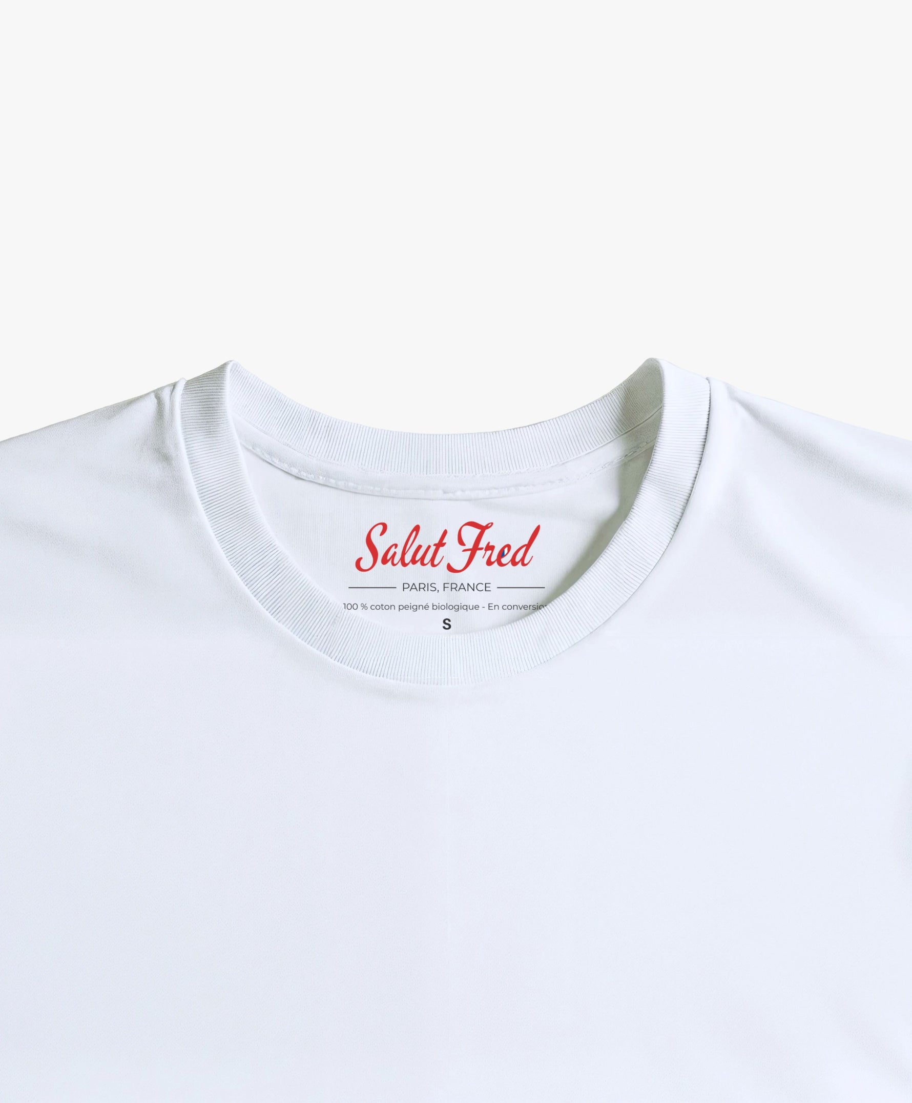 Vue intérieure du col du t-shirt classique blanc Salut Fred