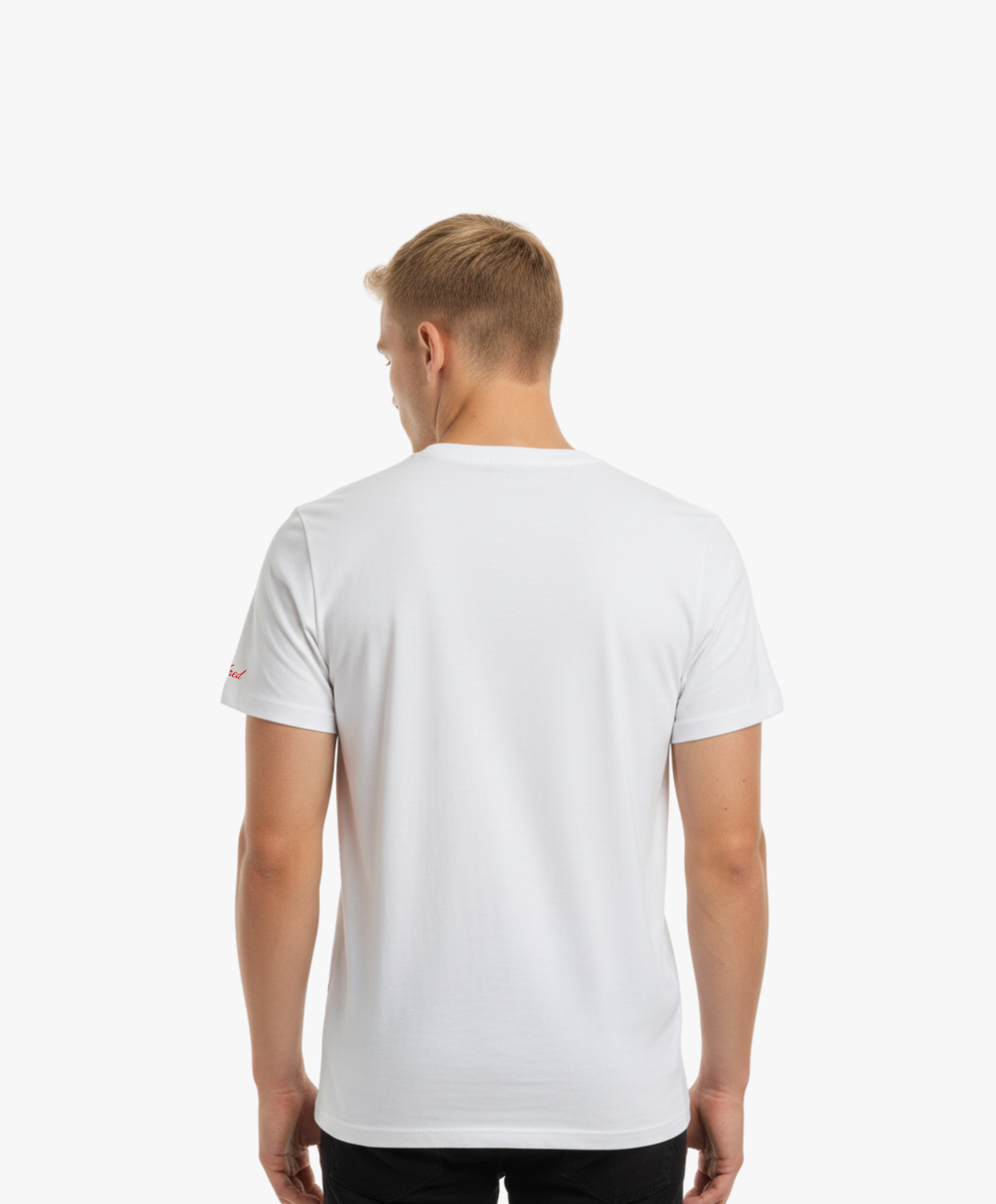 Vue de dos d’un homme portant le t-shirt classique blanc « Tu baises dans mon estime. » Salut Fred