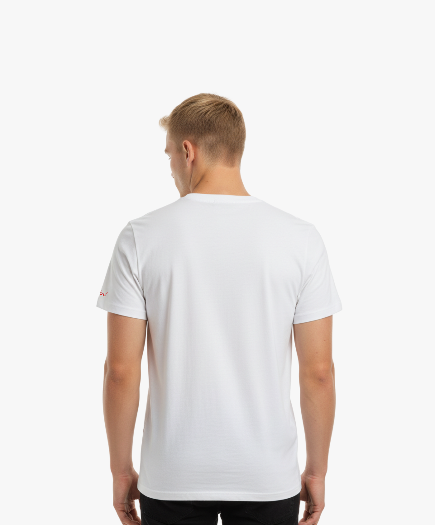Vue de dos d’un homme portant le t-shirt classique blanc « Tu baises dans mon estime. » Salut Fred