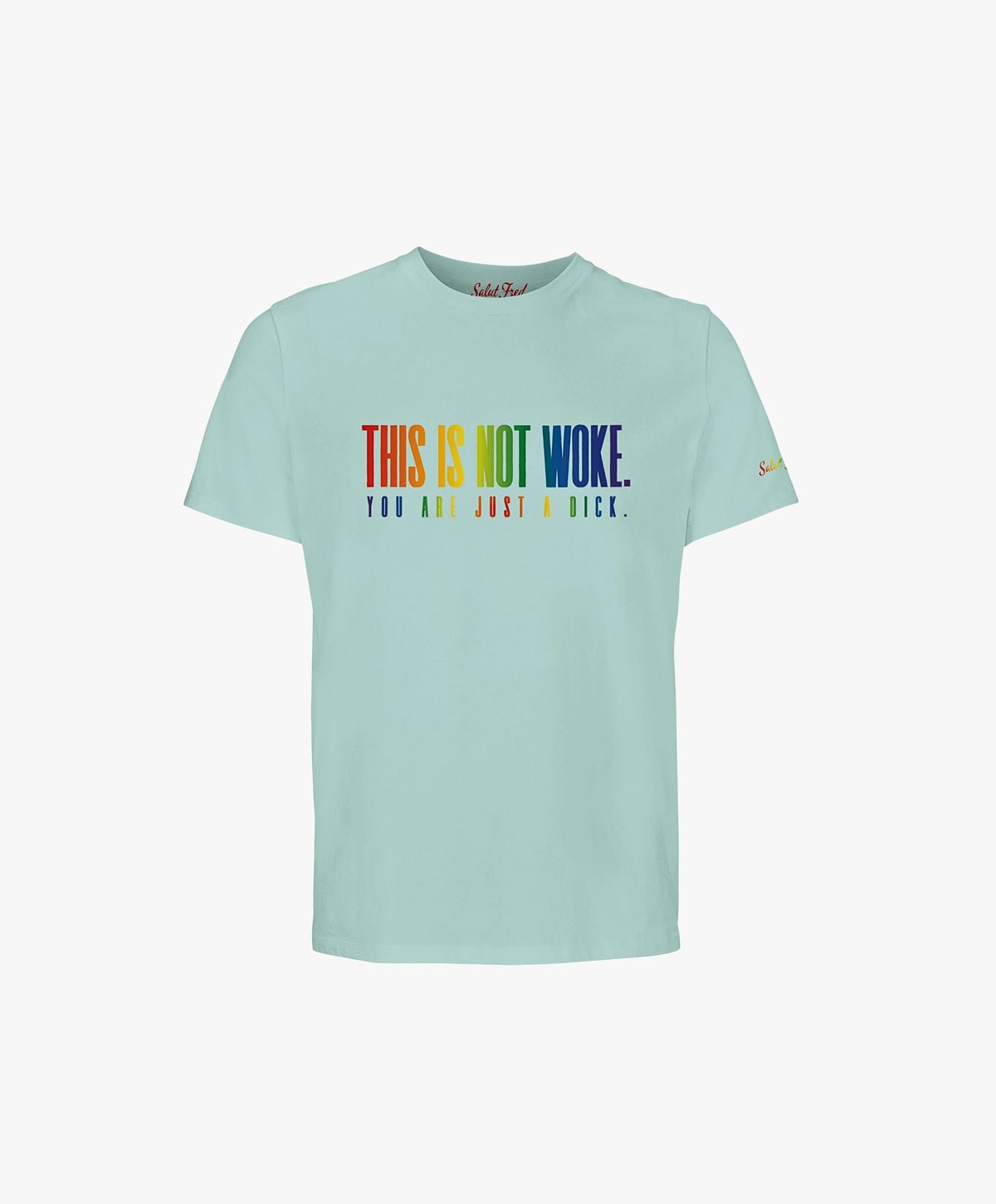 Vue de face du t-shirt classique bleu opalin Salut Fred de la collection Pride « This is not woke. You are just a dick. » avec slogan multicolore imprimé au centre de la poitrine et logo Salut Fred arc-en-ciel sur la manche gauche