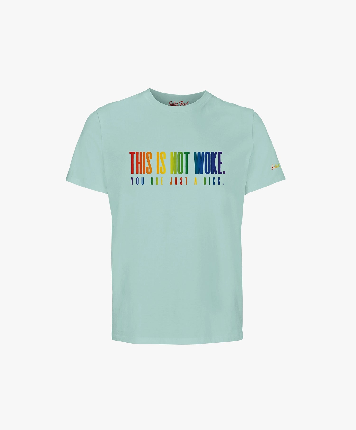 Vue de face du t-shirt classique bleu opalin Salut Fred de la collection Pride « This is not woke. You are just a dick. » avec slogan multicolore imprimé au centre de la poitrine et logo Salut Fred arc-en-ciel sur la manche gauche