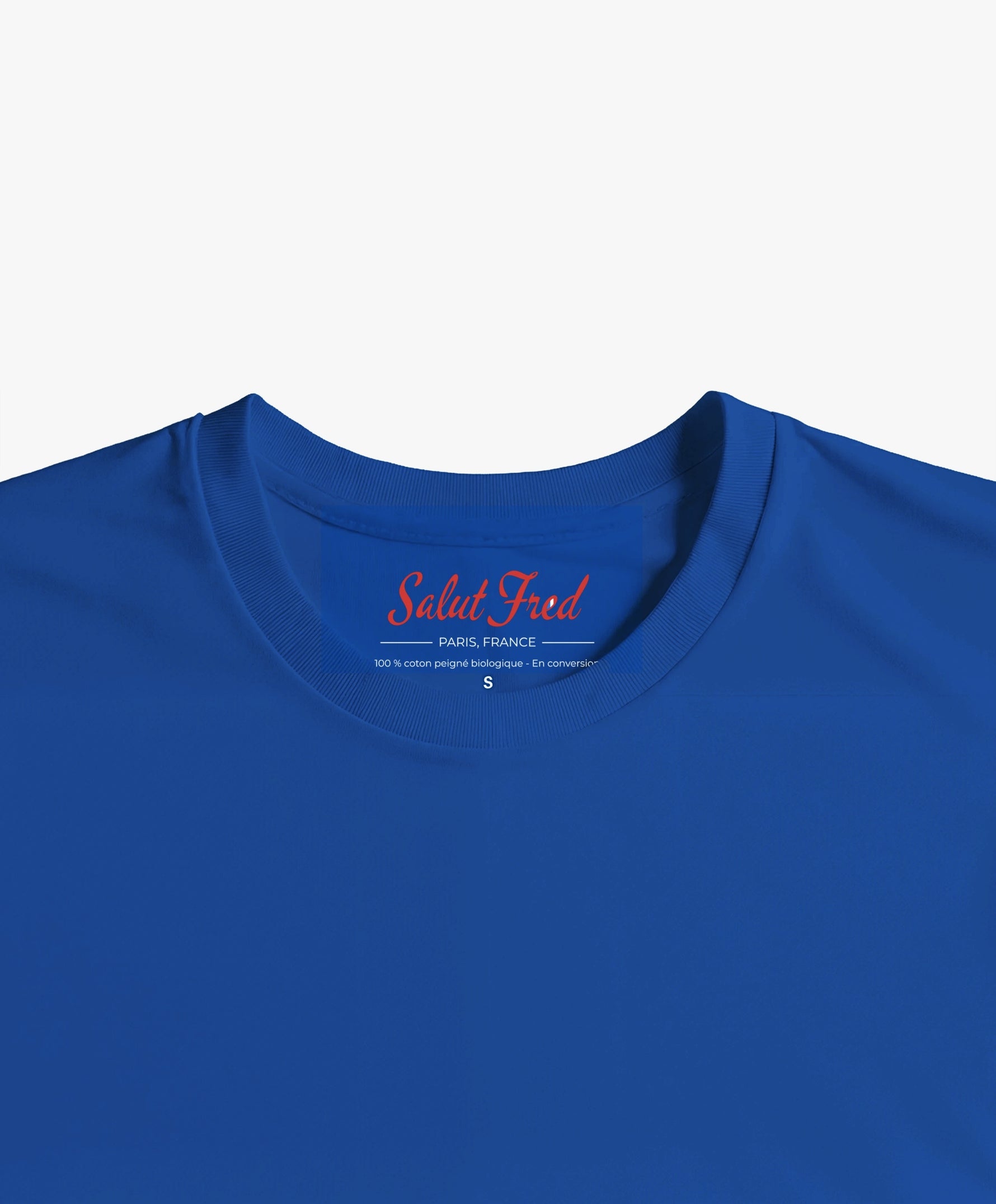 Vue intérieure du col du t-shirt classique bleu Paris Salut Fred de la collection Rues de France