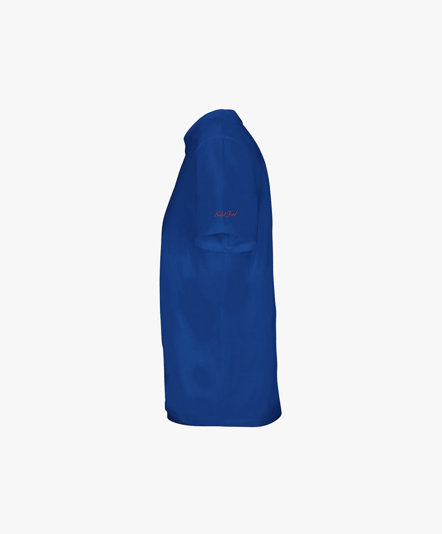 Vue côté gauche du t-shirt classique bleu Paris Salut Fred avec motif Rue de la Paix de la collection Rues de France, avec Salut Fred imprimé près de l’épaule gauche