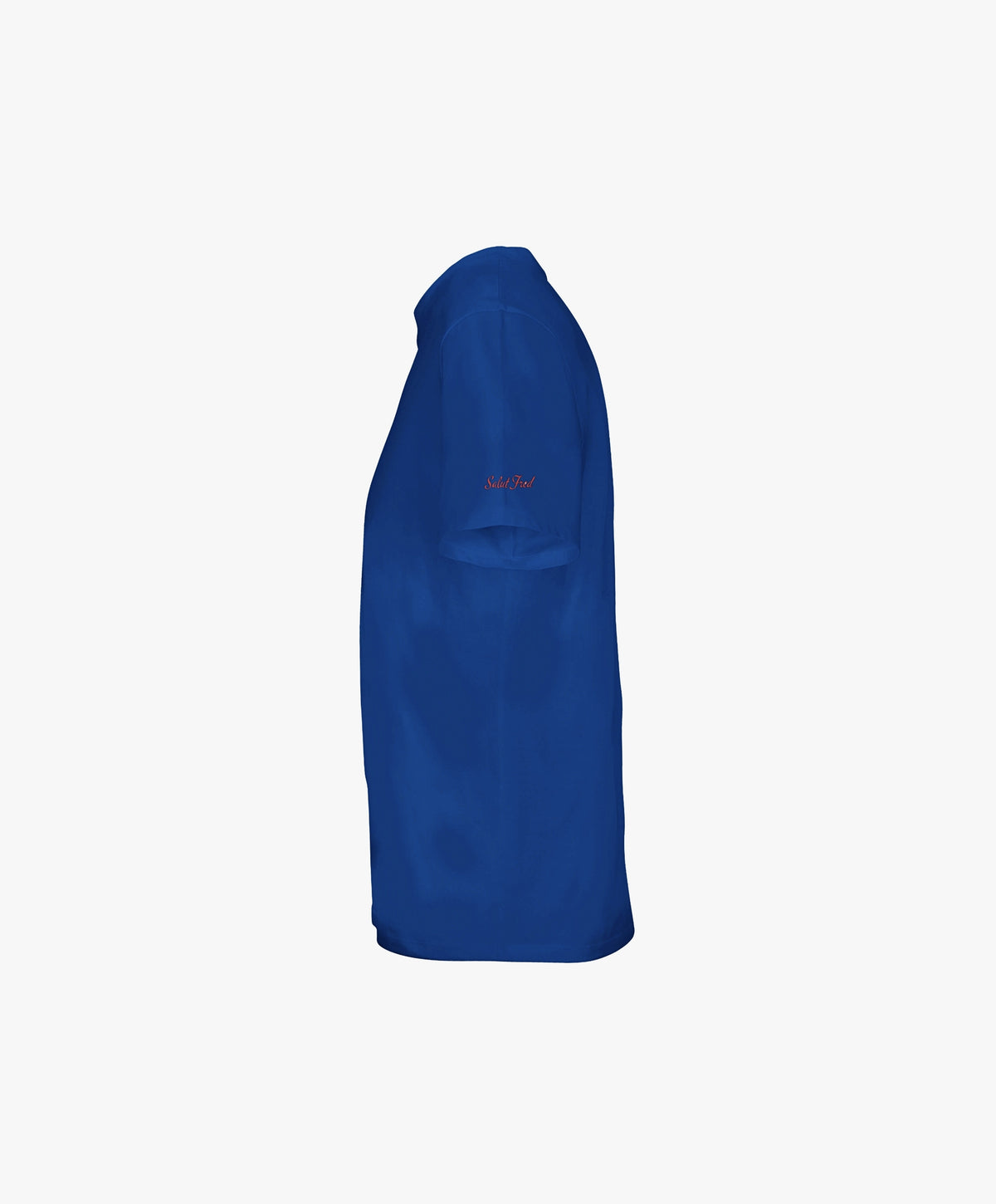 Vue côté gauche du t-shirt classique bleu Paris Salut Fred avec motif Rue Duquesne de la collection Rues de France, avec Salut Fred imprimé près de l’épaule gauche