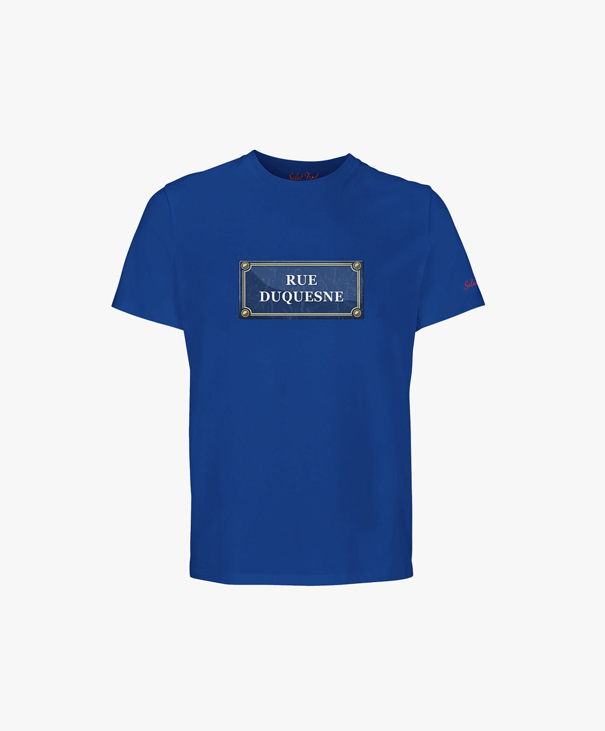 Vue de face du t-shirt classique bleu Paris Salut Fred avec motif Rue Duquesne de la collection Rues de France