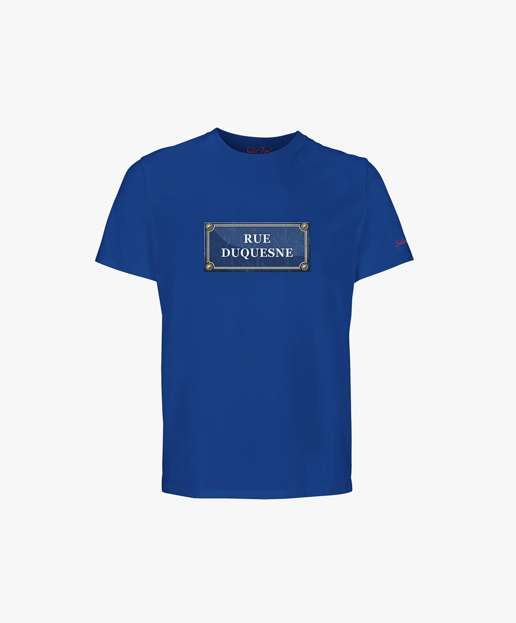Vue de face du t-shirt classique bleu Paris Salut Fred avec motif Rue Duquesne de la collection Rues de France