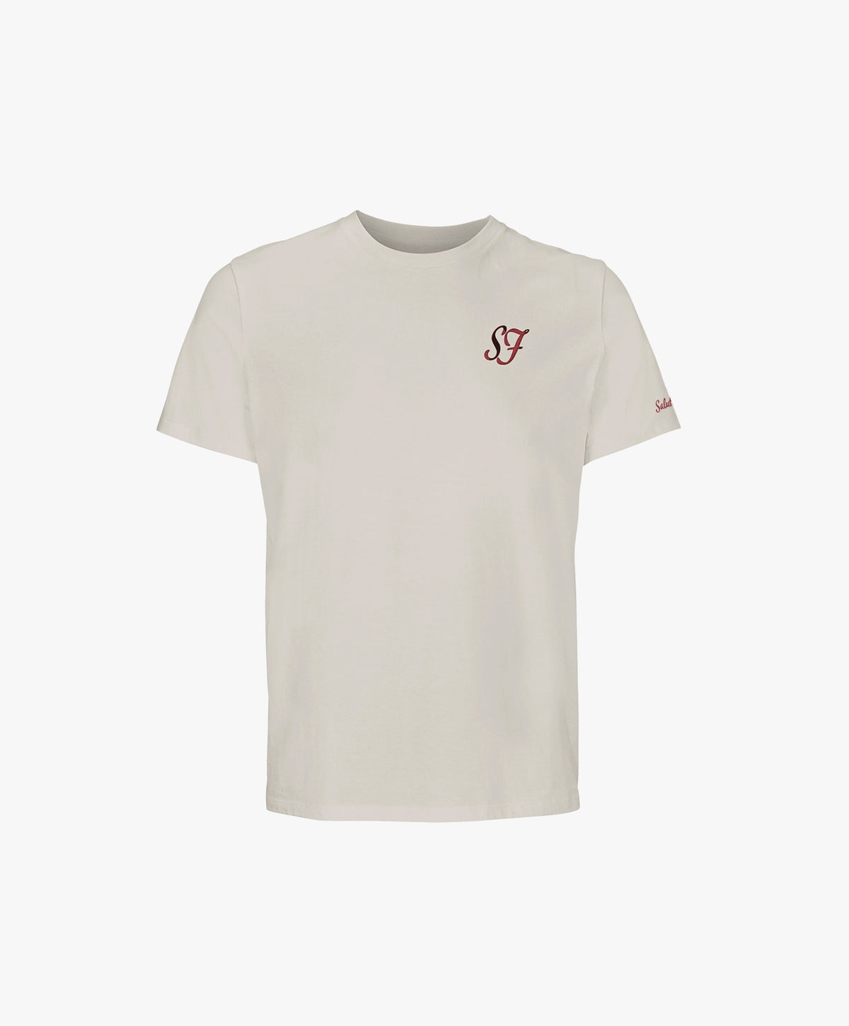 Vue de face du t-shirt classique écru Salut Fred avec monogramme SF brodé sur la poitrine gauche et broderie Salut Fred sur la manche gauche