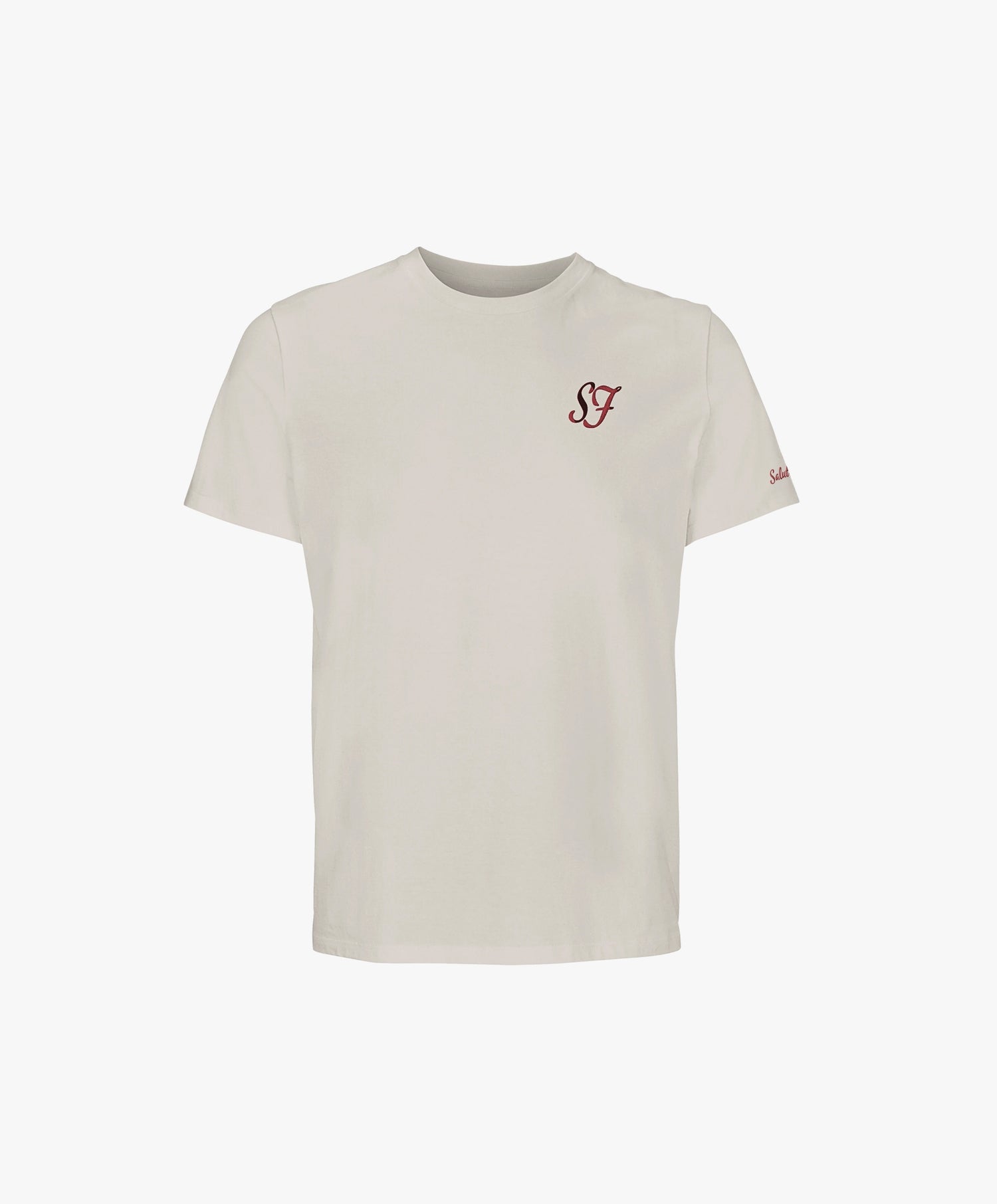 Vue de face du t-shirt classique écru Salut Fred avec monogramme SF brodé sur la poitrine gauche et broderie Salut Fred sur la manche gauche