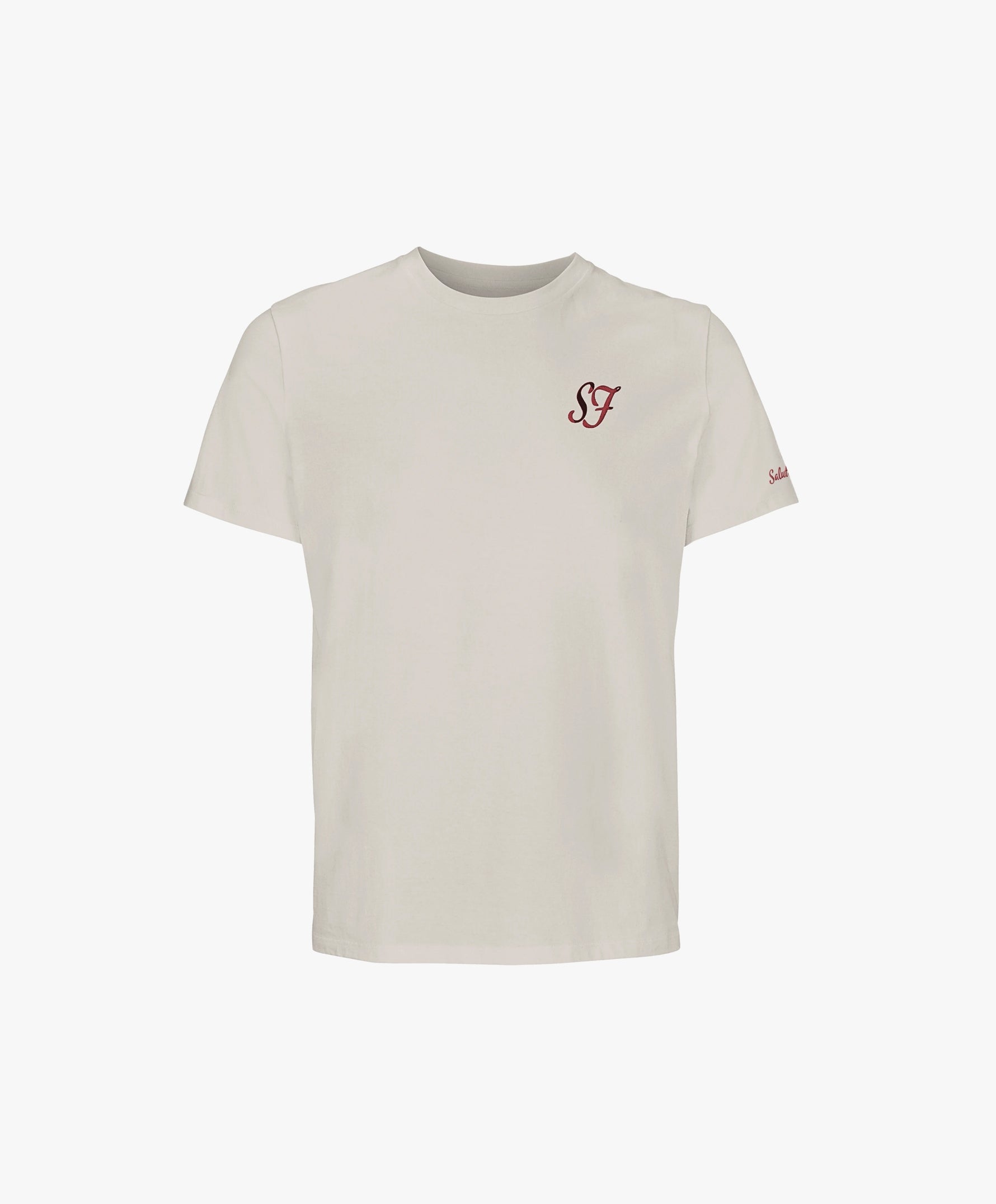 Vue de face du t-shirt classique écru Salut Fred avec monogramme SF brodé sur la poitrine gauche et broderie Salut Fred sur la manche gauche