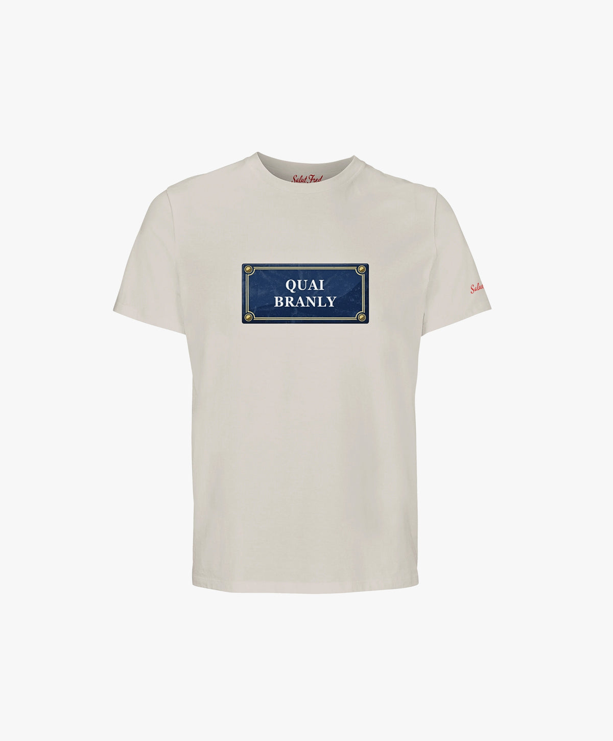 Vue de face du t-shirt classique écru Salut Fred avec motif Quai Branly de la collection Rues de France