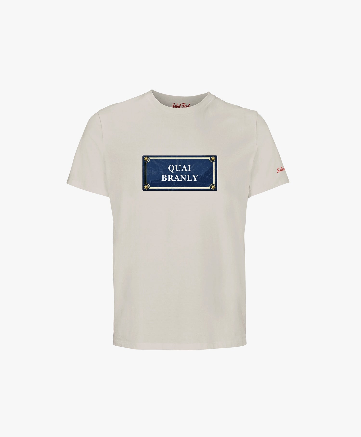Vue de face du t-shirt classique écru Salut Fred avec motif Quai Branly de la collection Rues de France