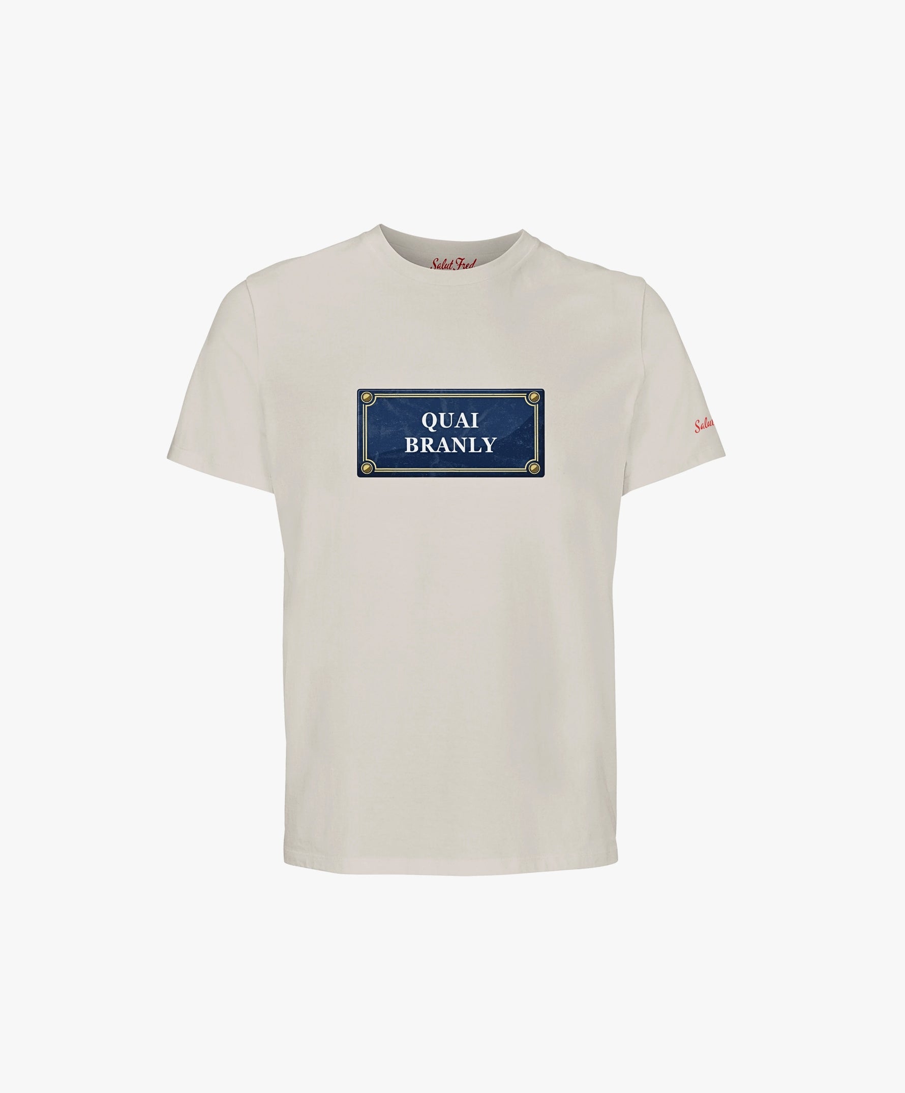Vue de face du t-shirt classique écru Salut Fred avec motif Quai Branly de la collection Rues de France