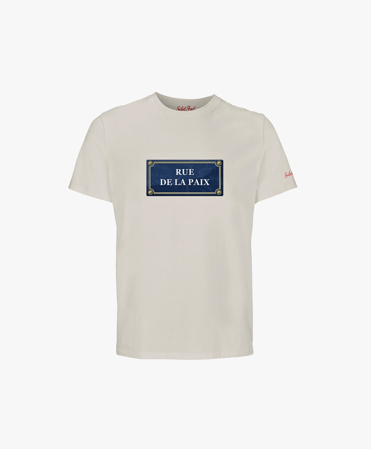Vue de face du t-shirt classique écru Salut Fred avec motif Rue de la Paix de la collection Rues de France