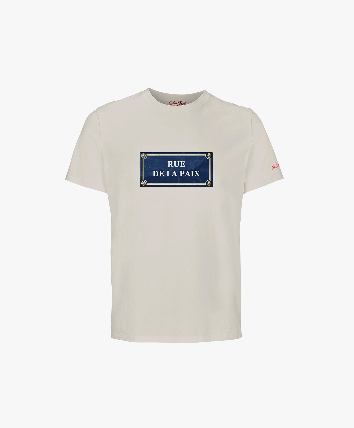 Vue de face du t-shirt classique écru Salut Fred avec motif Rue de la Paix de la collection Rues de France