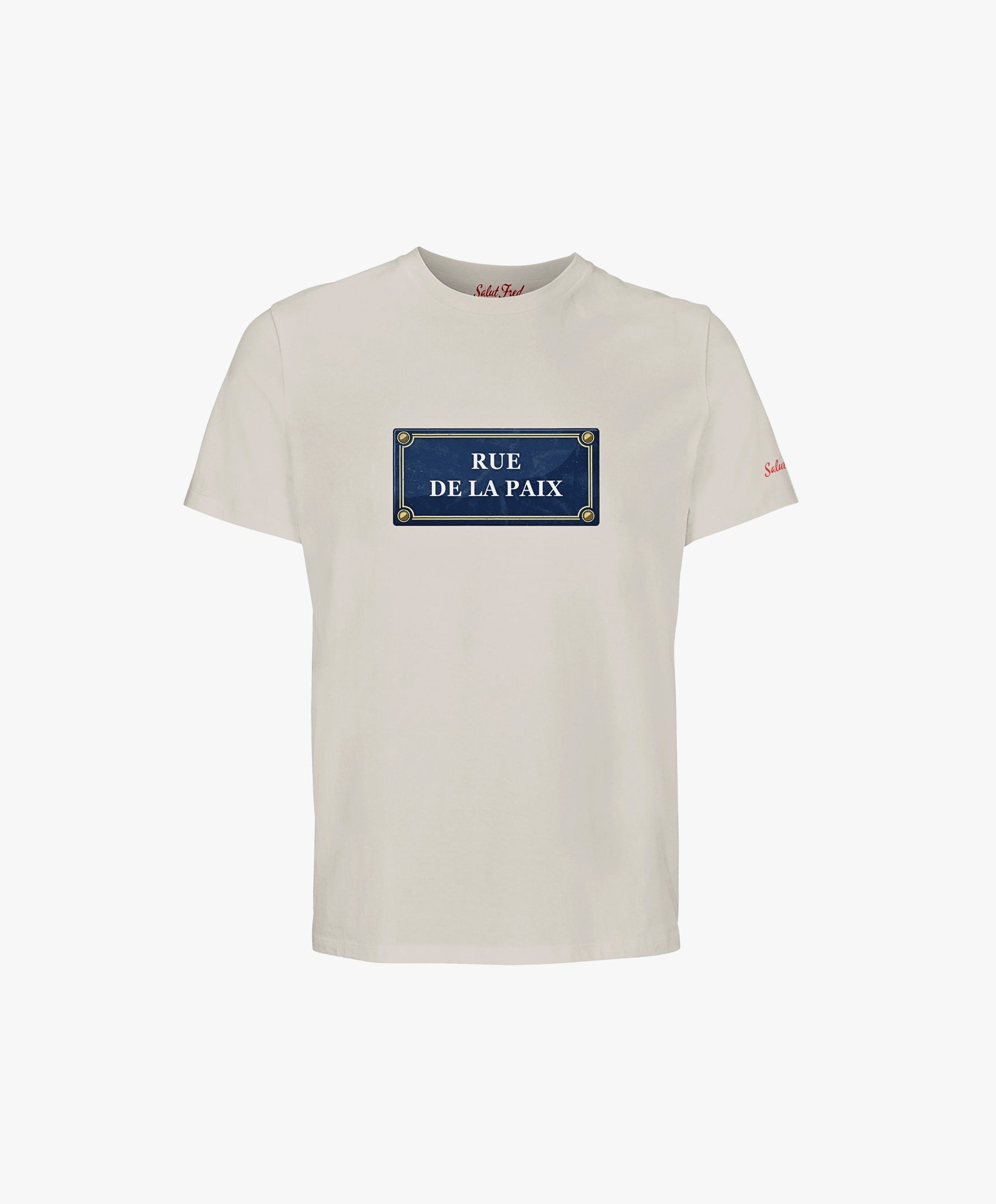 Vue de face du t-shirt classique écru Salut Fred avec motif Rue de la Paix de la collection Rues de France