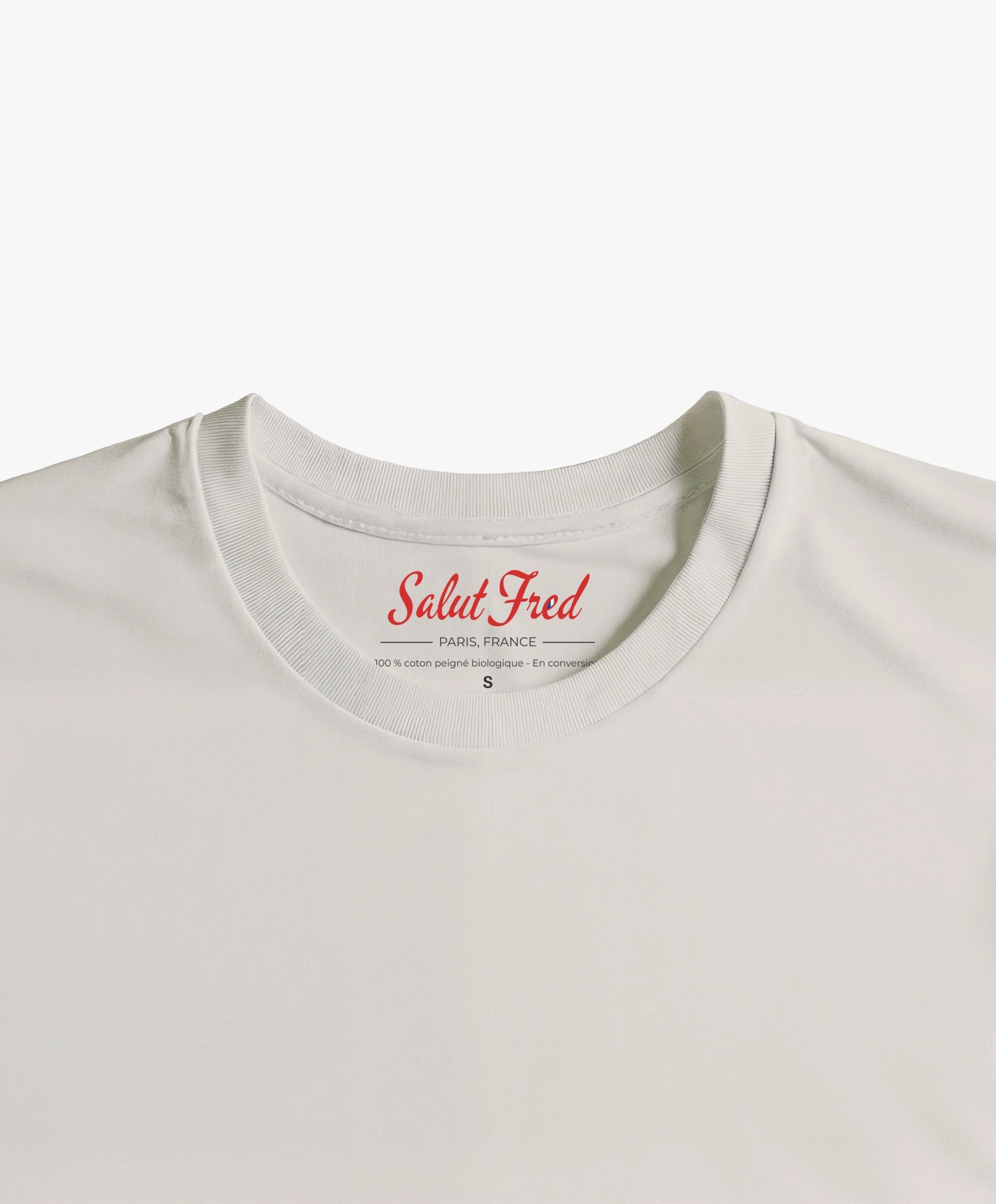 Vue intérieure du col du t-shirt classique écru Salut Fred de la collection Rues de France