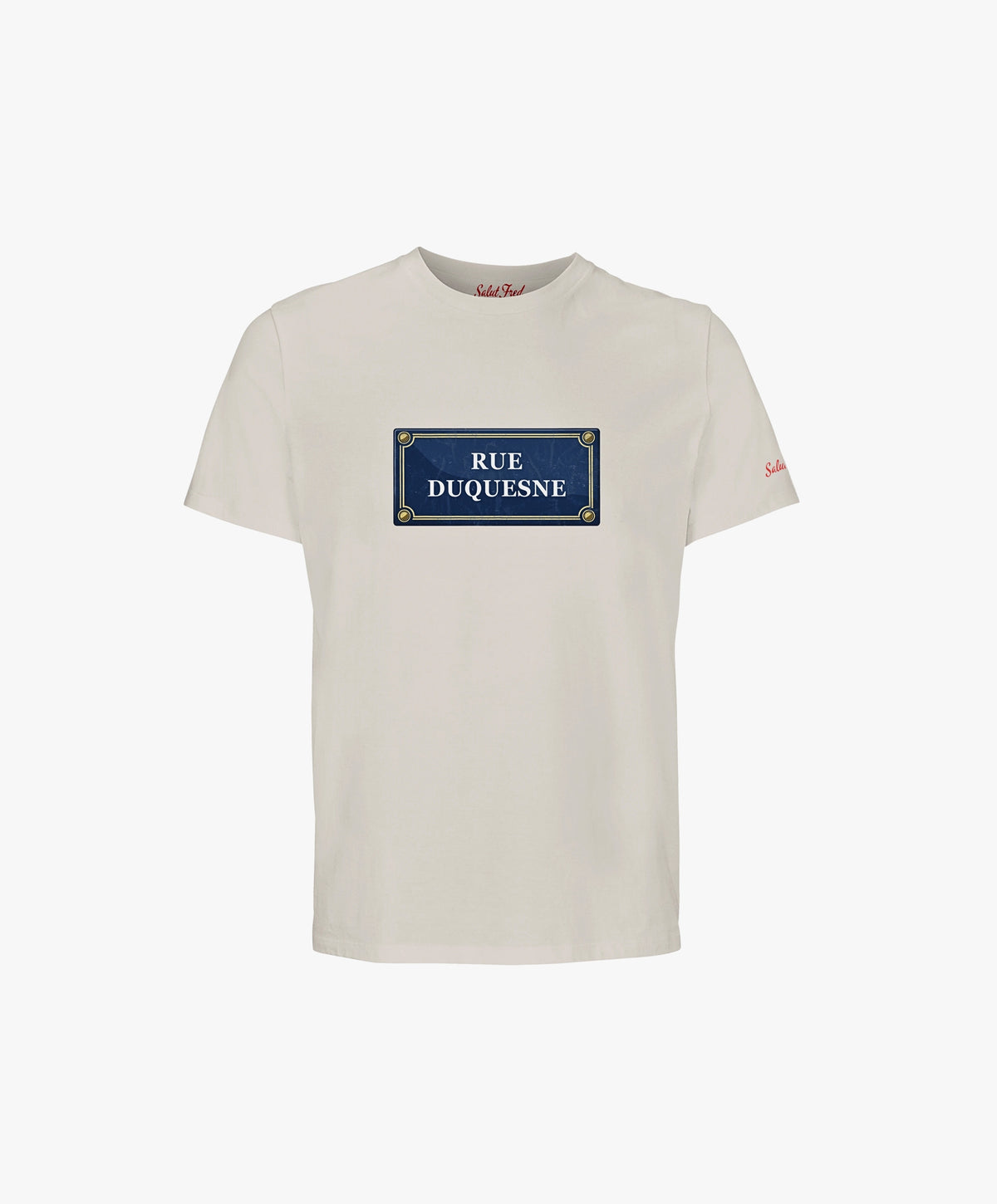Vue de face du t-shirt classique écru Salut Fred avec motif Rue Duquesne de la collection Rues de France