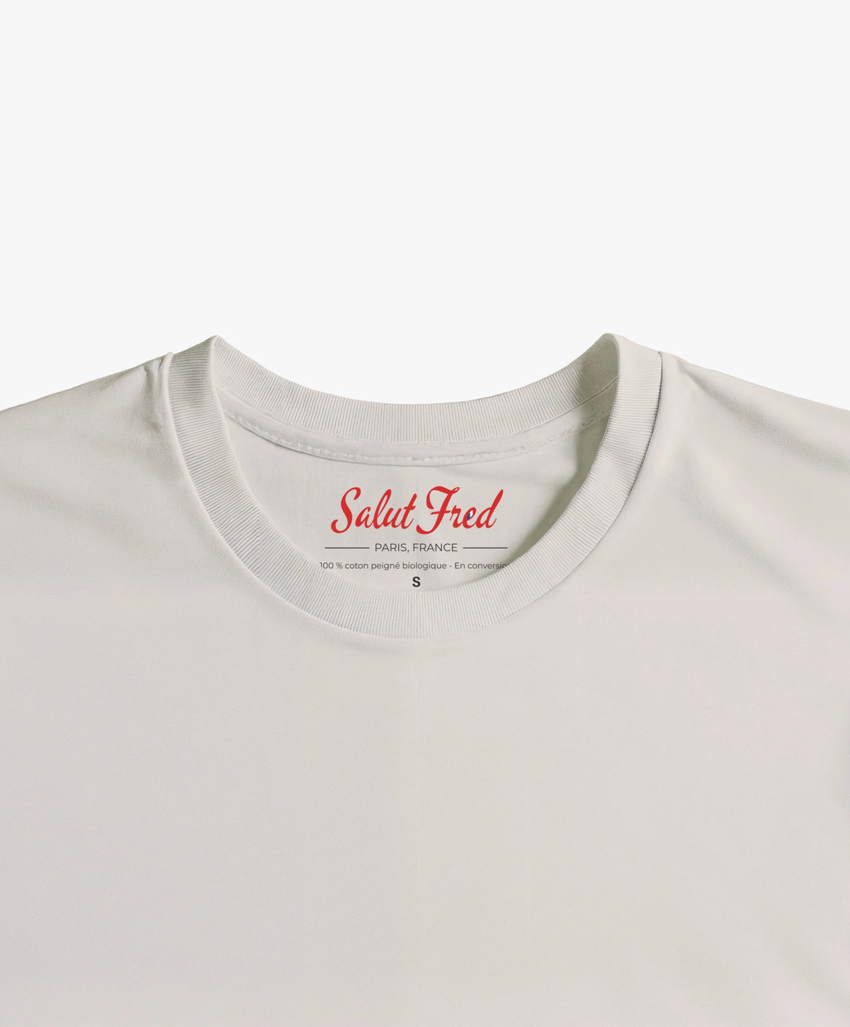 Vue intérieure du col du t-shirt classique écru Salut Fred de la collection Rues de France