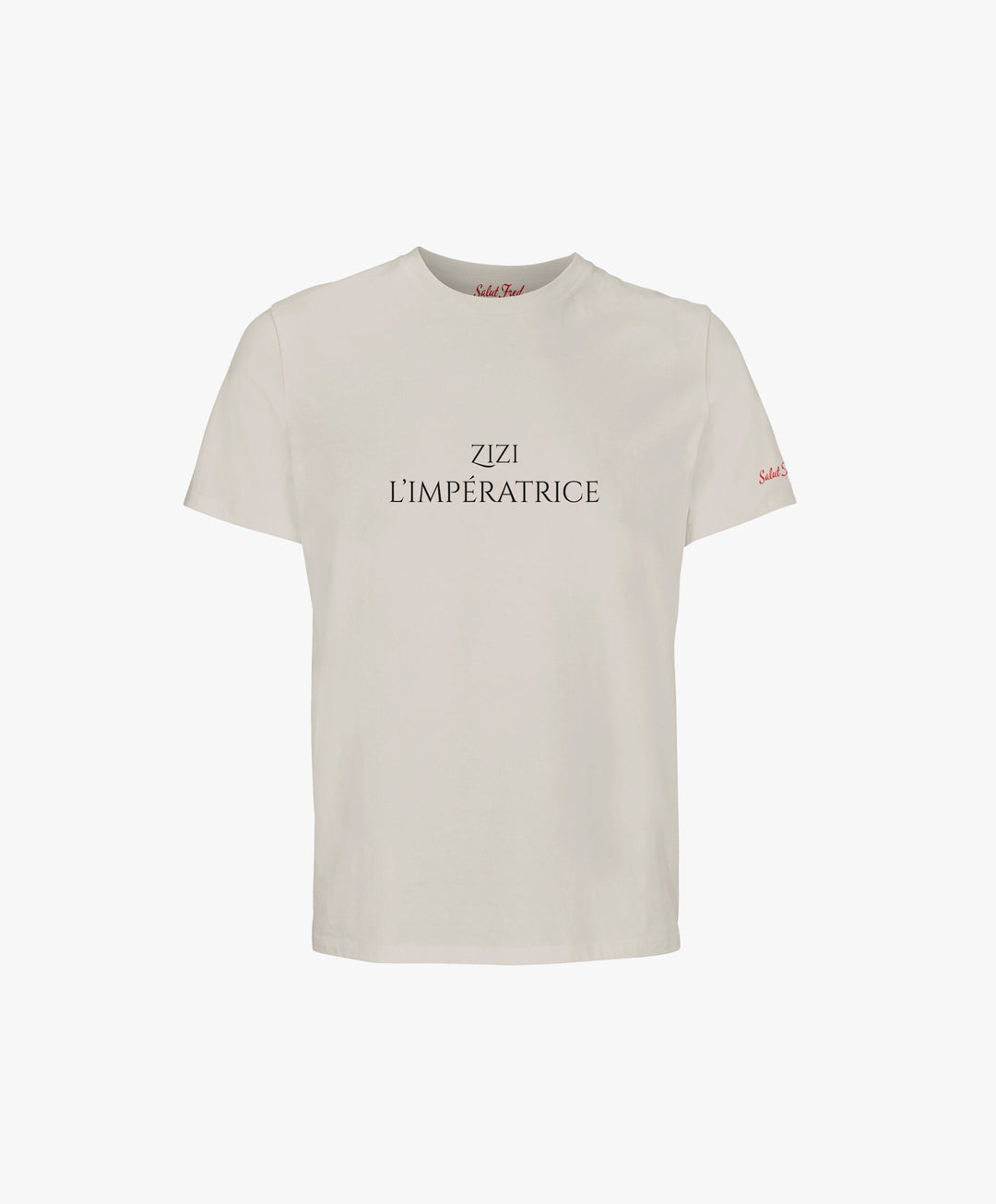 Vue de face du t-shirt classique écru « Zizi l’Impératrice » avec texte imprimé noir centré sur la poitrine et logo Salut Fred sur la manche gauche.