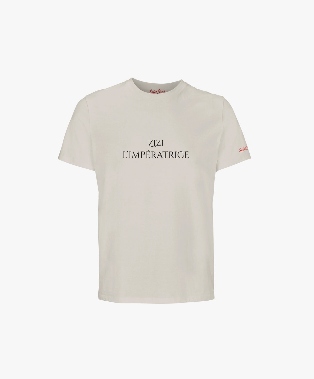 Vue de face du t-shirt classique écru « Zizi l’Impératrice » avec texte imprimé noir centré sur la poitrine et logo Salut Fred sur la manche gauche.