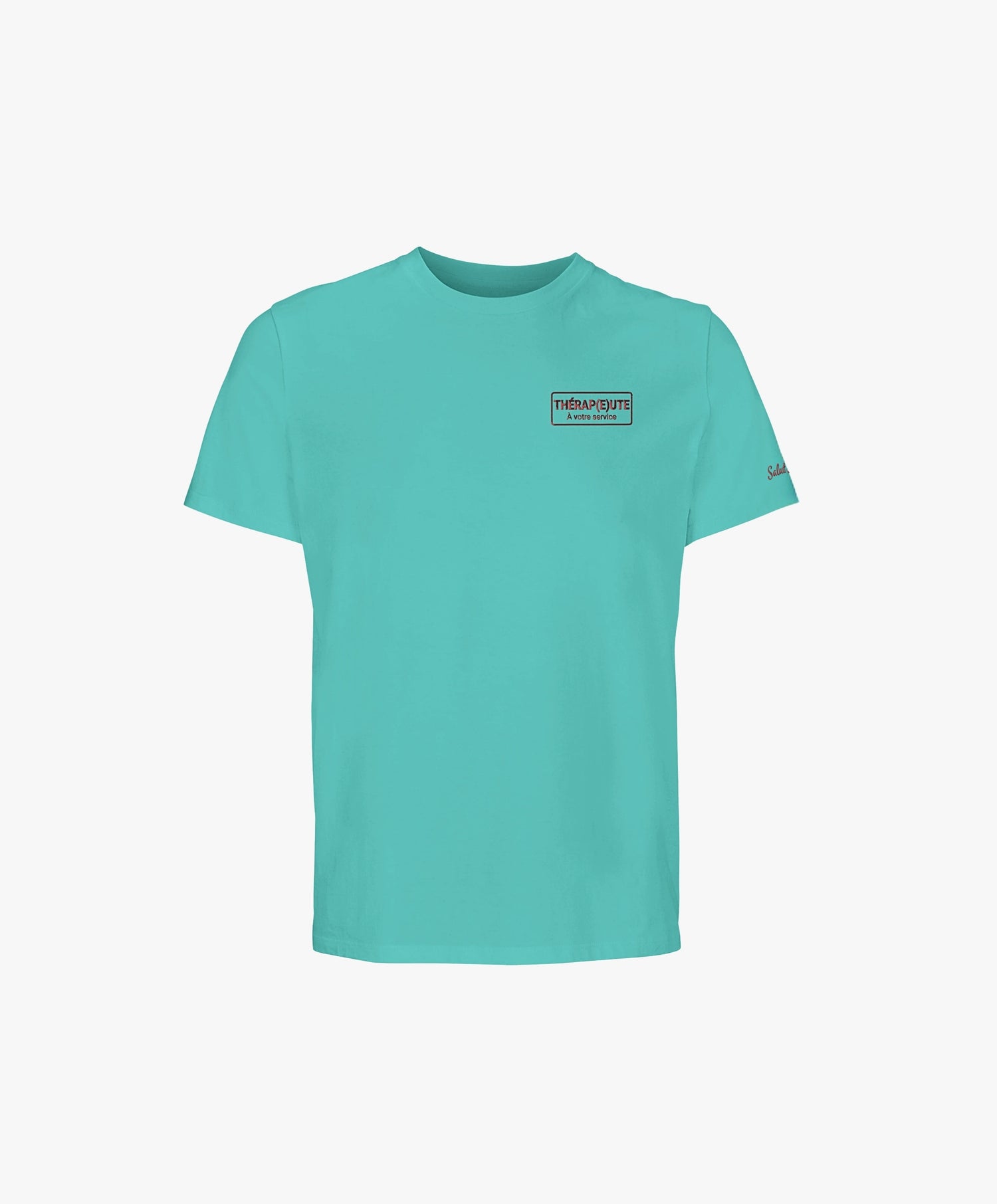 Vue de face du t-shirt classique jade Salut Fred avec broderie « Thérap(e)ute À votre service » sur la poitrine gauche et broderie Salut Fred sur la manche gauche